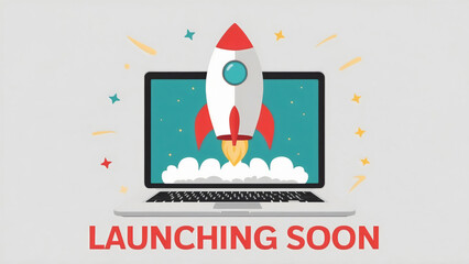 A modern laptop against a clean white backdrop showcases the phrase "Launching Soon," hinting at exciting new beginnings, business startup, advertisement, company project
