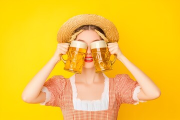 Woman holding beer mugs isolated on yellow background. Oktoberfest festival celebration. Bar and pub culture concept. Brewing industry.