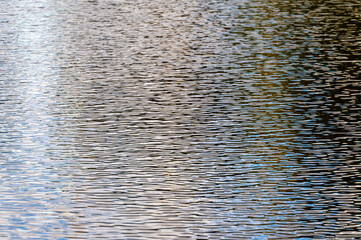 Complete calm on the water, in the sea, ocean, lake. Calm firs noticeable waves sparkle. The view goes into the distance with a haze in the background. Morning, afternoon or evening. Sunny weather.