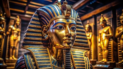 Stunning Gold Mask of Ancient Egyptian Pharaoh Tutankhamun Displayed in Luxurious Setting