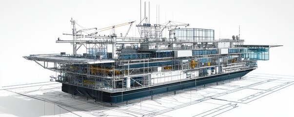 Technical drawing for an offshore marine research platform, detailing modular labs and sustainable energy solutions