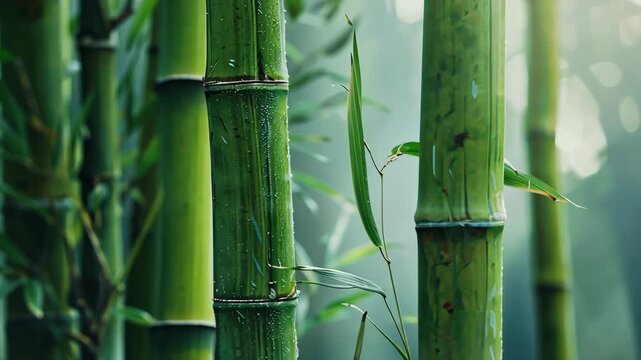 Close-up of bamboo stalks in a forest, with soft light filtering through the leaves