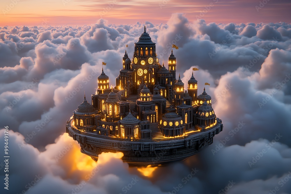 Poster a floating temple made of stone and timepieces, drifting through a sea of clouds. the sky is glowing