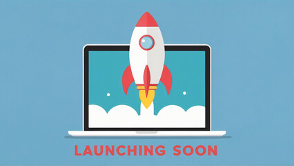 A sleek flat design laptop displays a cartoon rocket launching with clouds from its screen, with bold red "Launching soon" text on a soft blue backdrop, space shuttle launch, announcement