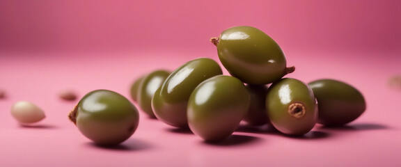 Illustration of fresh olives on pink background