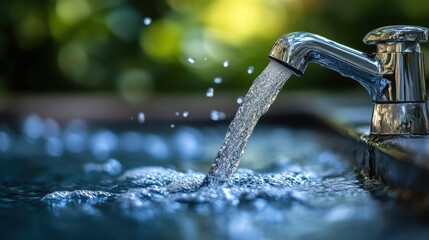 Close-up of water flowing from a shiny metal faucet, in a garden setting, with bokeh lights creating a peaceful and refreshing outdoor atmosphere