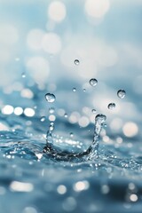 Close-up view of water droplets splashing in a serene blue setting on a calm evening