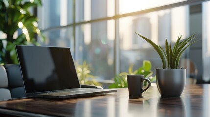 Laptop placed on the shiny office table. City skyscrapers blurred in the background, tall buildings