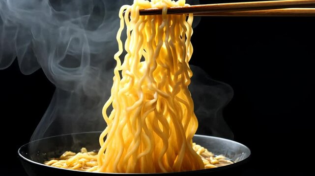 A bowl of steaming noodles is lifted with chopsticks, ready to be enjoyed