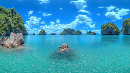 Panoramic view of Island in ocean, with blue sky and clouds, lush greenery, and a tall rock formation above clear blue water.