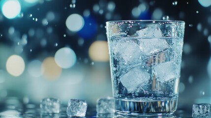 Refreshing glass of iced water with ice cubes on a table surrounded by soft bokeh lights