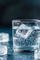 A refreshing glass of sparkling water with ice cubes on a dark background