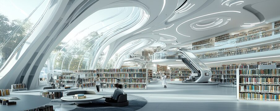 Technical drawing for a futuristic library with automated book retrieval systems, immersive reading environments, and energy-efficient design