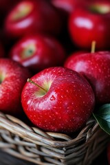 Fresh red apples nestled in a wicker basket during a sunny autumn afternoon