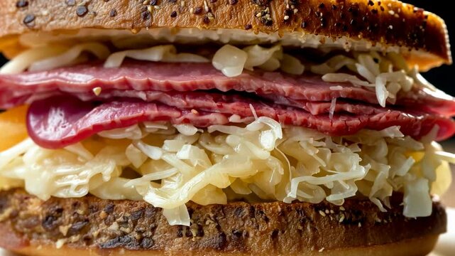 A close-up of a delicious-looking sandwich with thinly sliced corned beef, sauerkraut, and mustard on a toasted rye roll