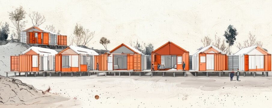 Technical drawing for a modular disaster relief housing system, designed for quick deployment, scalability, and resilience in various climates
