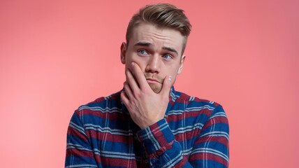 Obraz premium Portrait of a jaded young caucasian man isolated on pink background with copy space