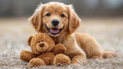 Golden retriever puppy lying on the grass outdoors with a plush teddy bear, representing the bond of friendship, happiness, and playfulness in a natural setting