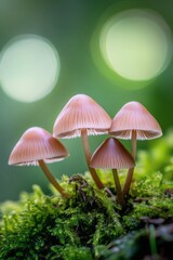 Delicate mushrooms growing on moss in a lush green forest during early morning light