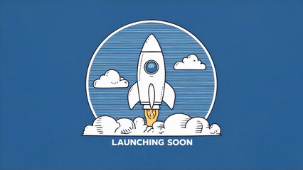 A logo with a white rocket in clouds, encircled, and "Launching soon" text at the bottom against a light blue abstract background
