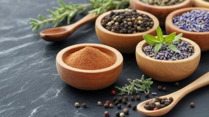 Assorted natural spices and herbs arranged in wooden bowls on a dark stone surface