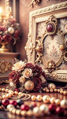 Fototapeta premium Retro home decor: photo, beads, flowers and a vintage alarm clock on a white wall shelf