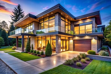 Fototapeta premium Stunning Luxury Modern House with Contemporary Design, Large Windows, and Elegant Outdoor Spaces