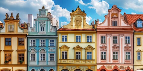 Fototapeta premium Stunning colorful facades of historic buildings captured in a vibrant cityscape. This picturesque architecture showcases charming details and enhances urban beauty. Ideal for travel and tourism. AI