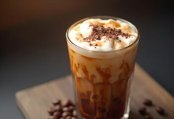 A chilled glass of iced coffee topped with swirls of cream and chocolate shavings
