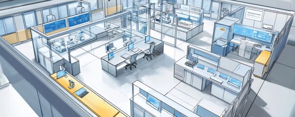 Obraz premium Technical drawing of an advanced forensic science laboratory, including crime scene simulation areas, evidence processing units, and secure data centers