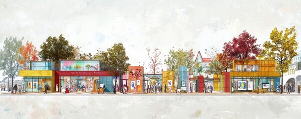 Obraz premium Technical drawing of an art and culture district, integrating galleries, studios, and performance venues with public transportation access