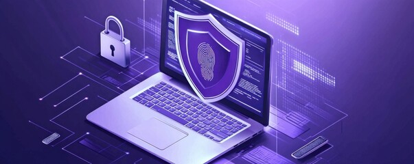 Purple shield with check mark symbolizing cybersecurity protection on laptop screen with padlock