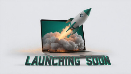 A vibrant green rocket launches from a laptop screen, leaving fiery sparks and smoke, with Launching soon in bold  futuristic typography ,on isolated white background, 3D render, space shuttle launch