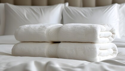 Minimalist white towels elegantly arranged on a pristine white bed, creating a serene backdrop for product promotions.