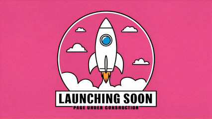 Illustration of a white rocket in a circle logo on a pink background, with clouds and a bold "Launching soon" banner and Page under construction text at the bottom, announcement flyer