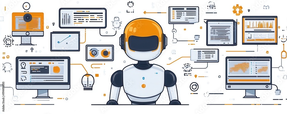 Poster robot sitting in front of connected digital interface showcasing futuristic technology and artificia