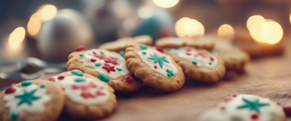 Obraz premium Image of cute cookies and other Christmas ornaments lined up