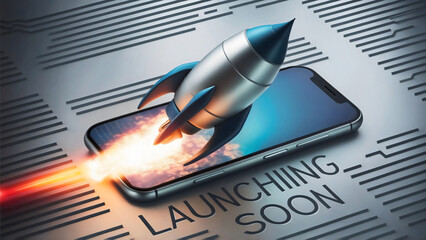 A silver blue rocket emerging from a mobile screen, leaving a fiery trail, with "Launching soon" in modern typography below, on sleek futuristic and high-tech background, 3d render, poster