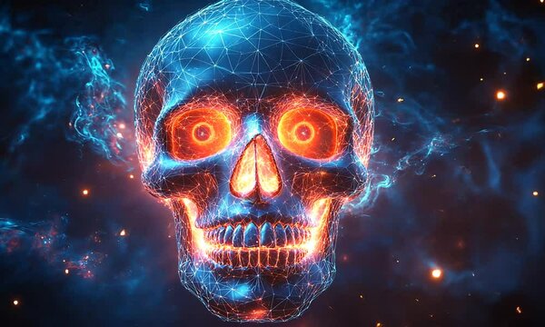 A glowing, geometric skull surrounded by cosmic elements.