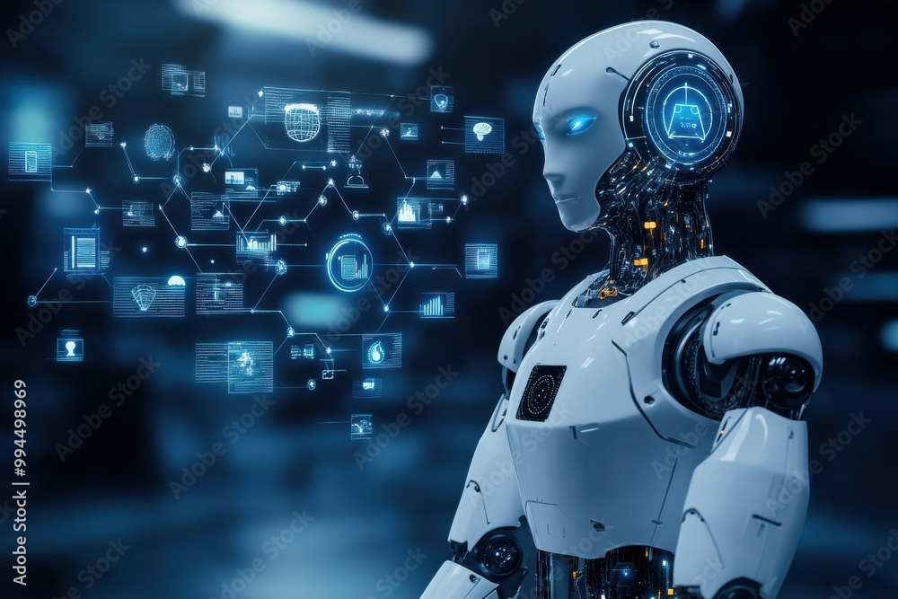 Poster advanced robot standing in front of an ai network interface showcasing futuristic technology and art