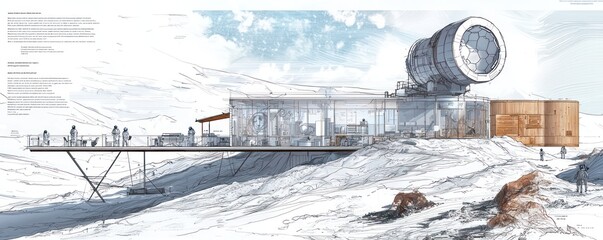 Technical drawing of a high-altitude astronomical research center, detailing adaptive telescope mounts and sustainable living quarters