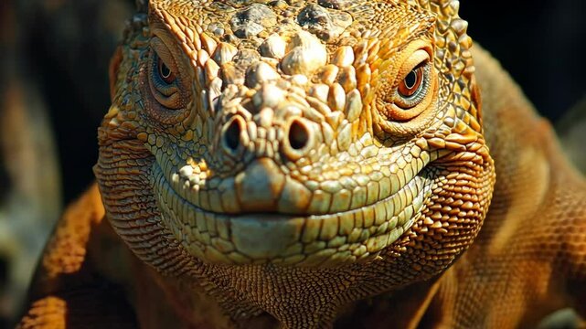 A close-up of a brown iguana's face, staring directly at the camera with a curious expression