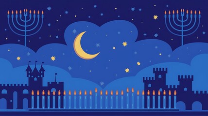 Night sky with crescent moon and stars, two castles with lit candles and menorah in the foreground.
