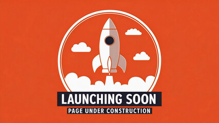 Logo for a "Launching Soon" and page under construction text, with a white rocket and clouds in a circular banner on an orange background, flat design, business startup, advertisement, company project