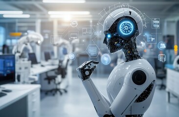 Futuristic robot contemplating surrounded by digital interface icons in a modern tech office environment