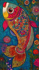 Obraz premium Classical Madhubani Painting Art, Abstract Image, Texture, Pattern Background, Wallpaper, Cover and Screen for Smartphone, PC, Laptop, 9:16 and 16:9 Aspect Ratio