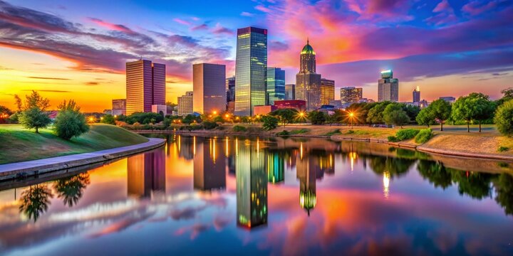 Stunning Oklahoma City Skyline at Dusk with Vibrant Colors Reflecting on the Calm River Surface