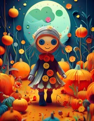 A little doll made from rags with buttons for eyes standing beside a shack in a forest at night with a full moon.