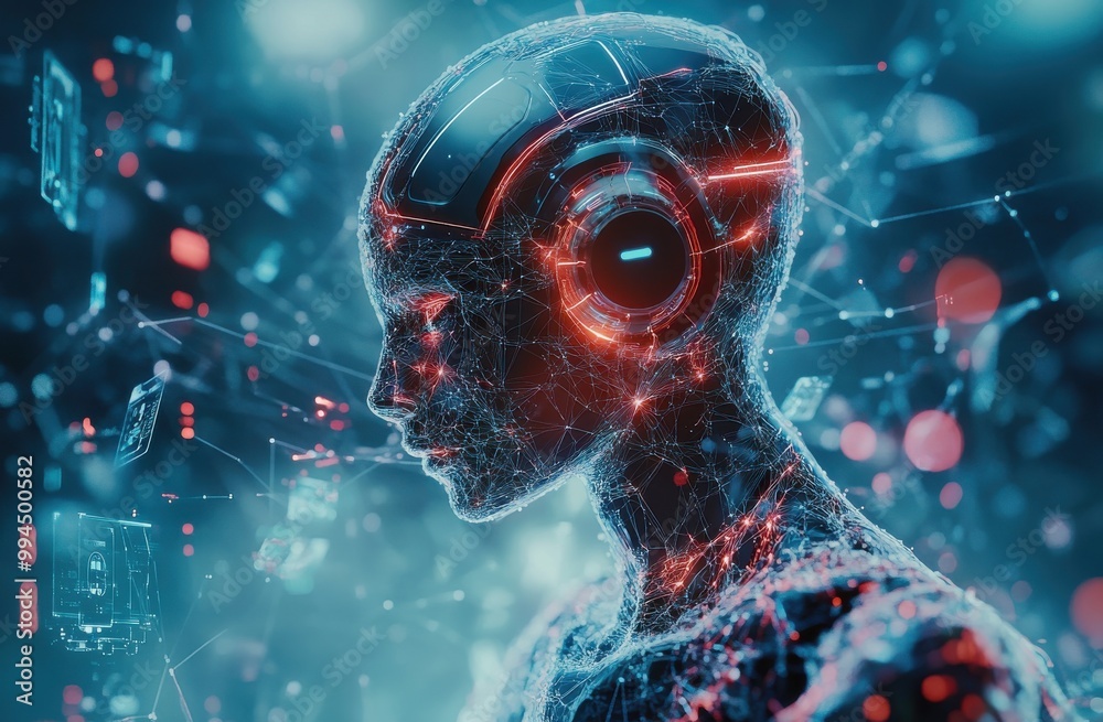 Poster ai-inspired robot with futuristic face and hands surrounded by digital interface in a high-tech envi