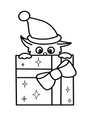 Kitten in a hat on a festive gift box for coloring book